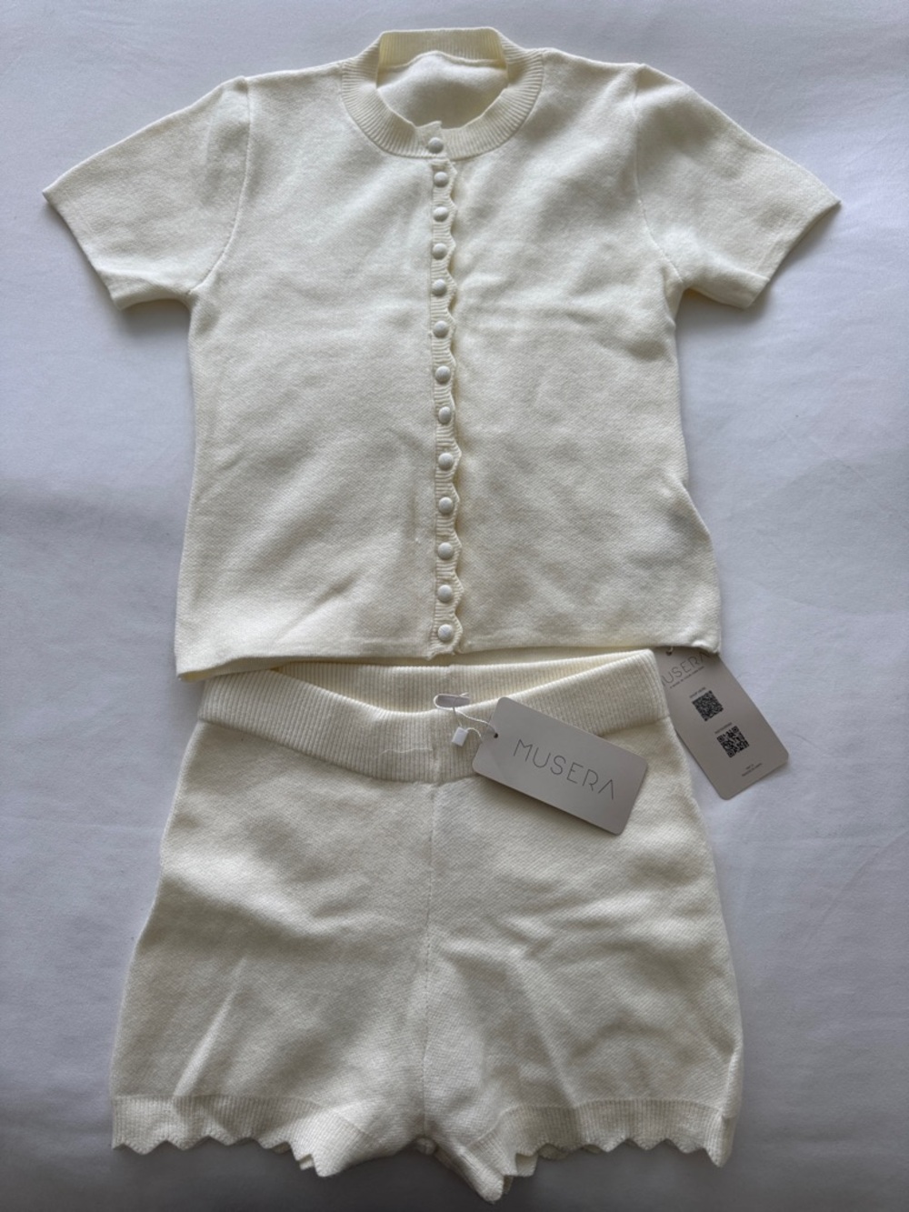 Muse Cream Knit Two-Piece Set - Button Front Top & Scalloped Shorts